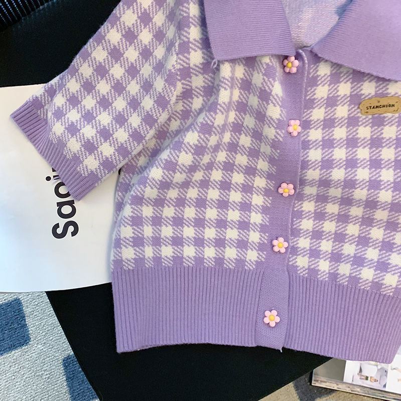 Purple small fragrance short sleeve sweater women's early spring 2022 new Korean gentle style versatile Plaid Knitted Top