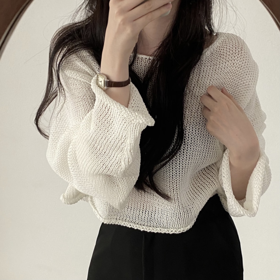 Real price Korean one line collar casual lazy sunscreen blouse thin ice silk casual versatile Knitted Top
