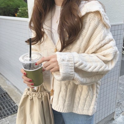 Autumn new Korean chic college style coarse wool knitted cardigan sweater women's Navy collar coat with top