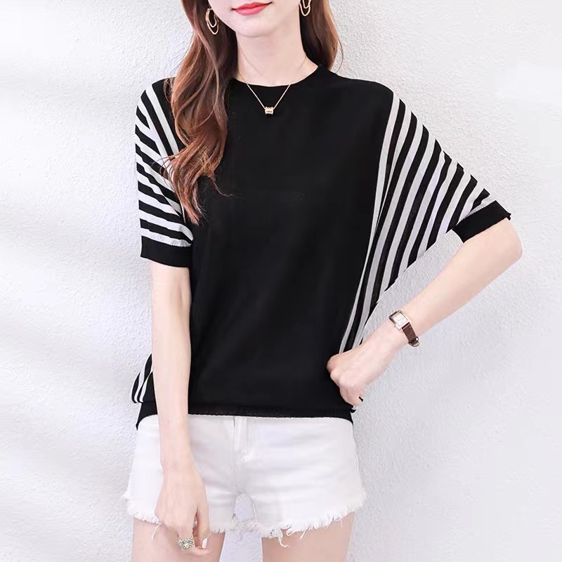 Striped ice Batman Summer Short Sleeve T-Shirt women's 2022 Korean version new sweater thin loose top fashion