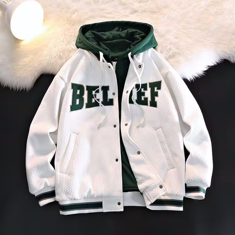 The new version of the all-match American hooded baseball uniform thickened quilted fake two-piece jacket niche thickened padded jacket