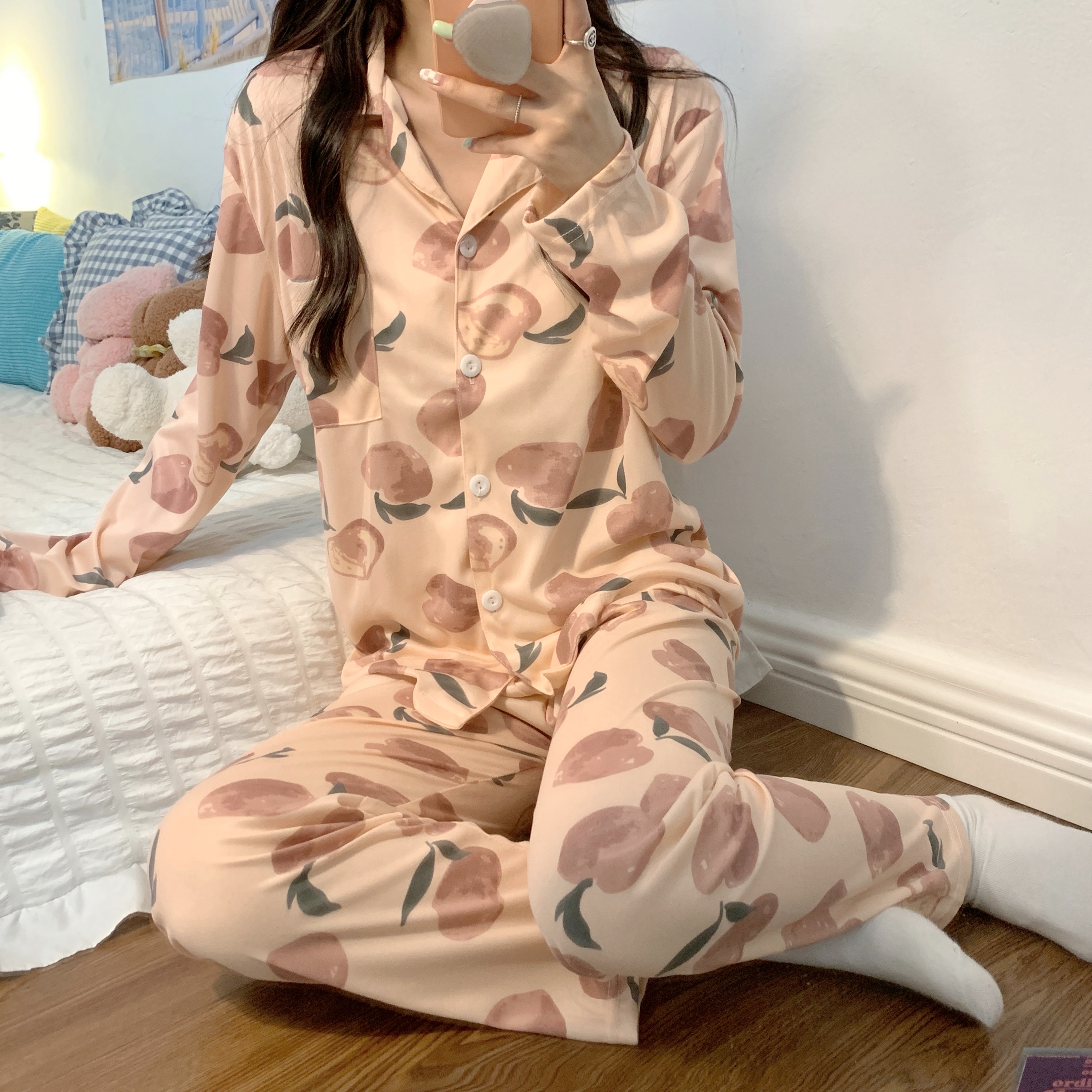 Real price Korean strawberry sweet pajamas women's style autumn and summer long sleeved trousers two-piece home clothes