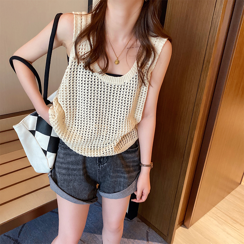 Hollow Vest Women's Summer Outer Wear Loose Slings Outer Layered Wide Straps Knitted Vest I-shaped Sleeveless Top