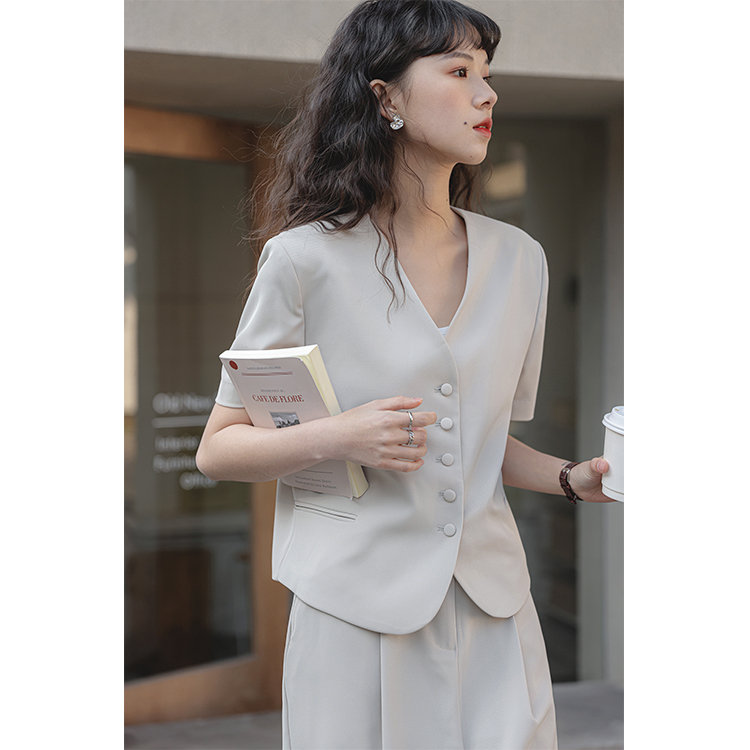 Real shot Korean design Short Sleeve suit suit women's summer high waist split thin skirt two-piece suit