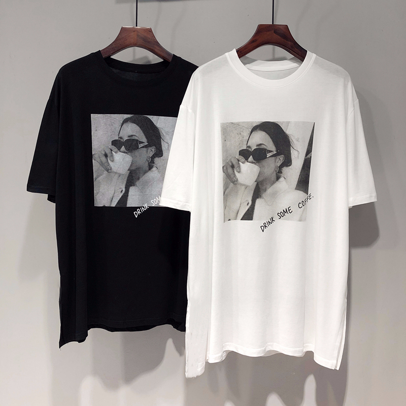 New large size loose short-sleeved T-shirt women's pure cotton wrap collar couple dress S -- 3XL100% cotton 200g pure cotton