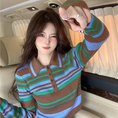 Korean style gentle wind POLO collar sweater design slim slim striped color matching top long-sleeved women's spring fashion trend