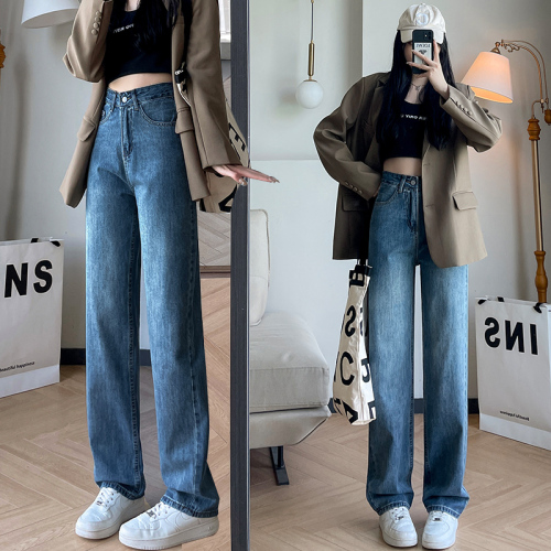 Real photo jeans women's straight tube loose 2022 summer new comfortable draping wide legged pants appear thin mops