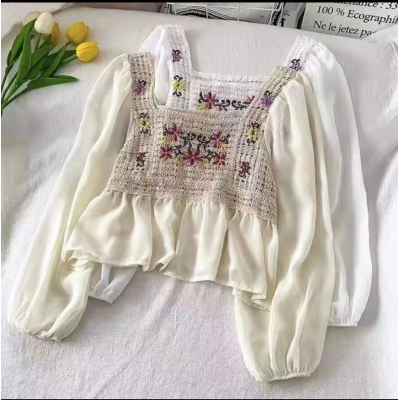 Women's new spring and summer style top French lace hollow square neck Bubble Sleeve Chiffon Long Sleeve Shirt