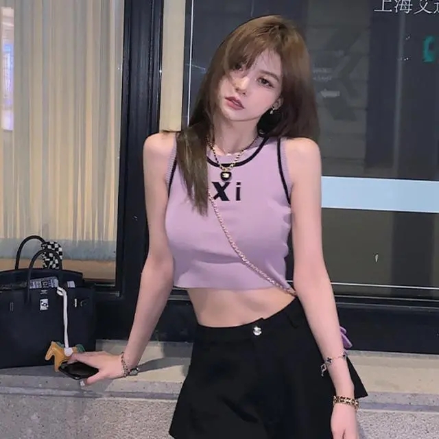 Ice Silk Short English Pure Desire Style Suspended Tank Top for Women's Summer New Thin Spicy Girl Sexy Naked Top