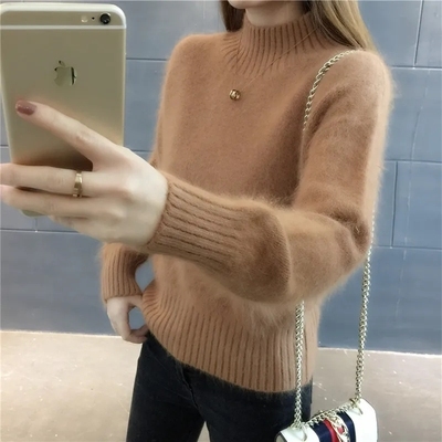 Mink thickened sweater women's half high collar loose Pullover bottomed sweater in autumn and winter