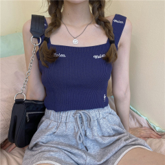 Short slim open navel small sling vest for women to wear outside and inside with knitted bottom coat summer letter embroidery top fashion