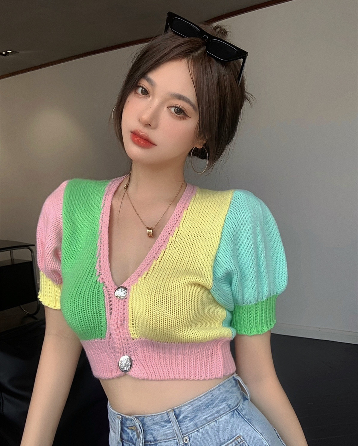 Real price retro candy color contrast bubble sleeve knitted cardigan short short sleeve open navel T-shirt women