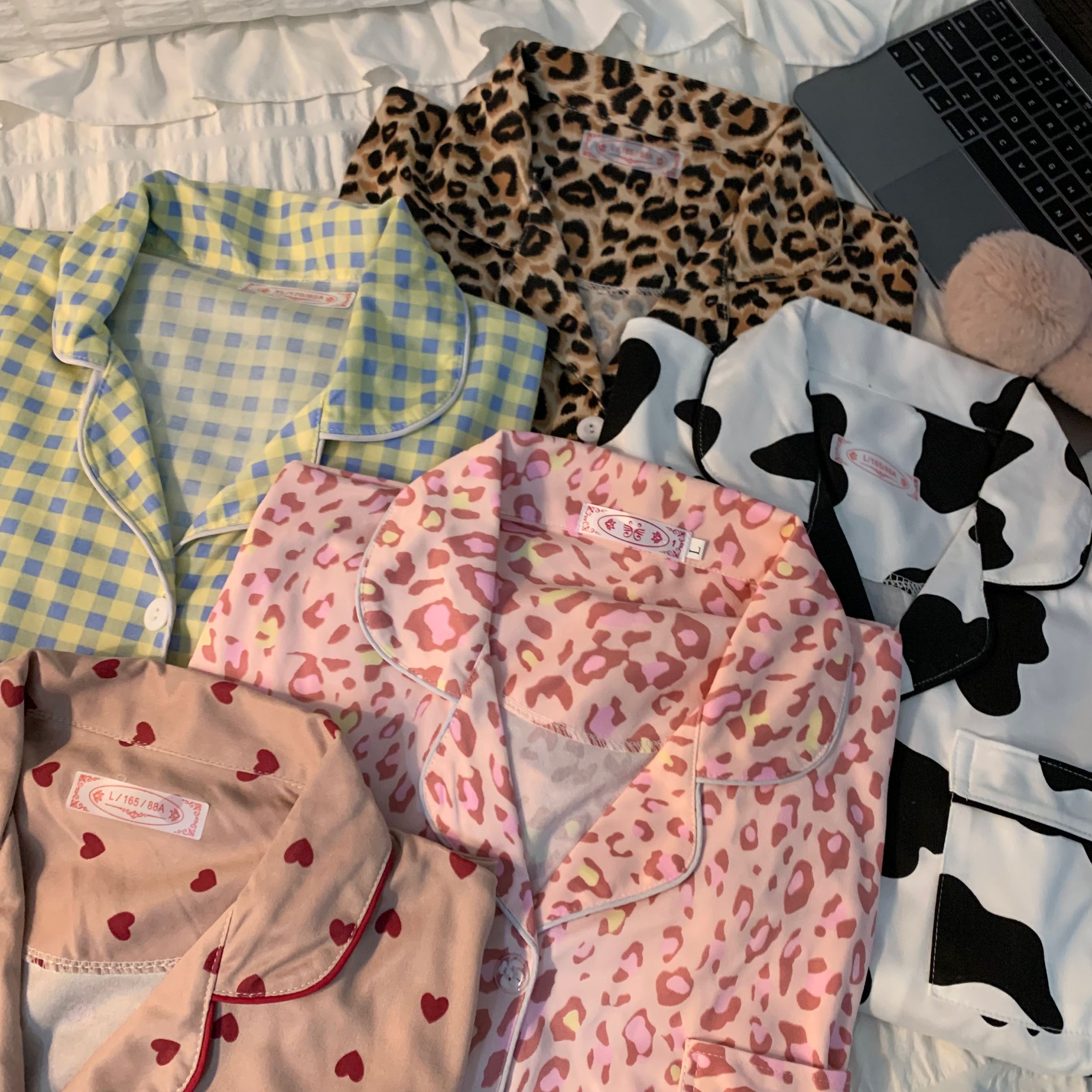 Real price Korean leopard cow pajamas women's spring and autumn long sleeve trousers two-piece Plaid home clothes