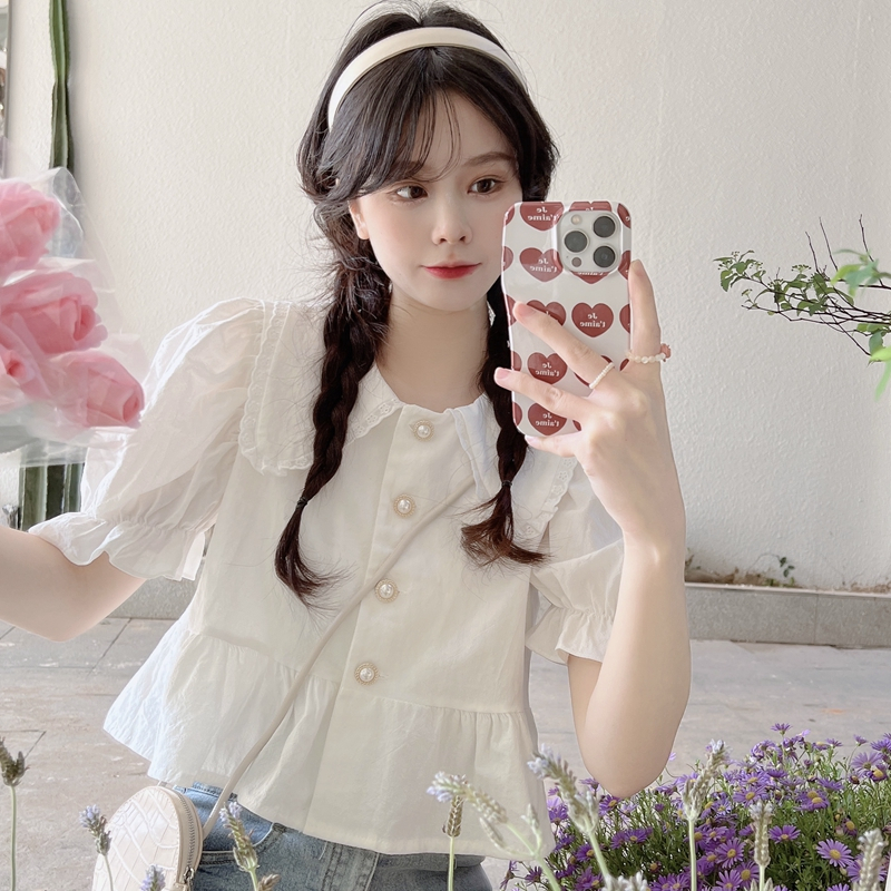 Real shot 2023 summer new doll collar short-sleeved shirt female foreign style short chic puff sleeve top female