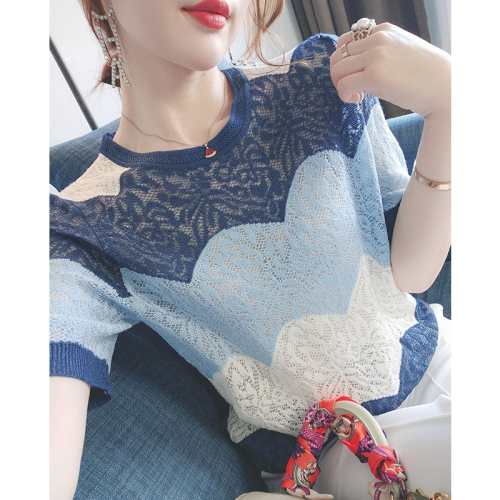 Shuaifen ~ dyed pine mist blue, foreign style and white,  summer new short sleeve hollow out ice silk knitted T-shirt for women