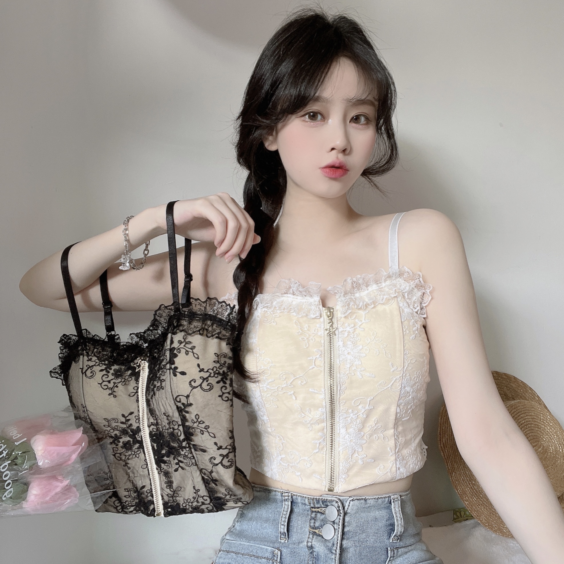 Real shot real price sexy lace zipper small suspender vest women's inner versatile outer sleeveless bottomless Shirt Top