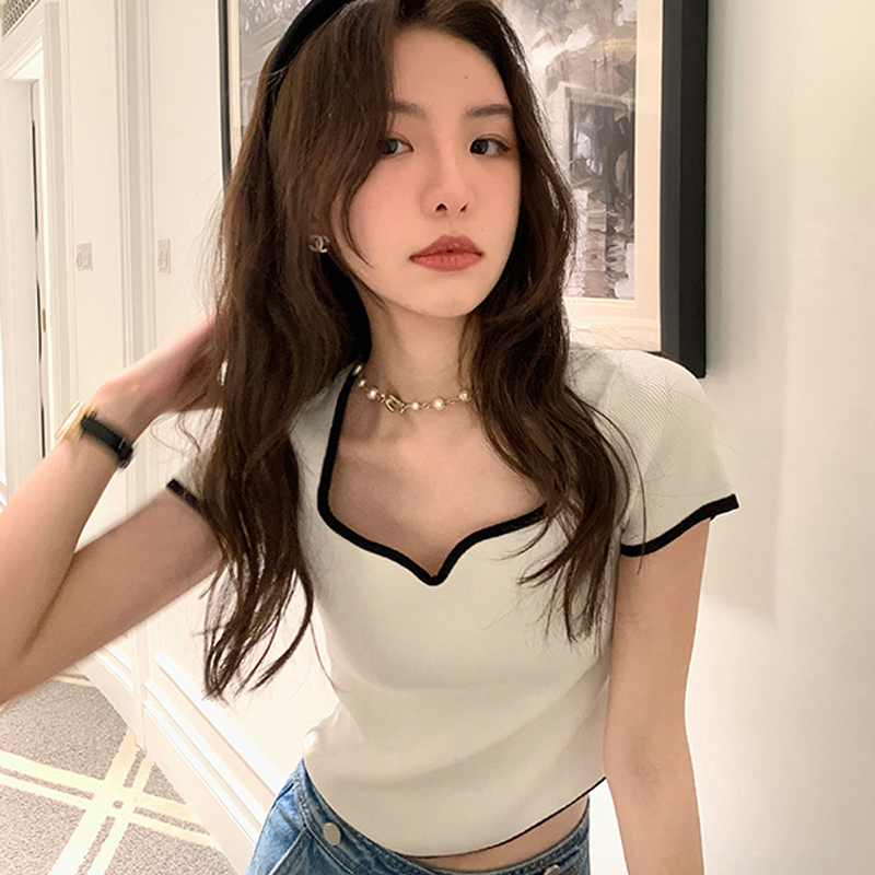 White short sleeved T-shirt women's summer Korean version leisure high sense chic slim square neck knit top