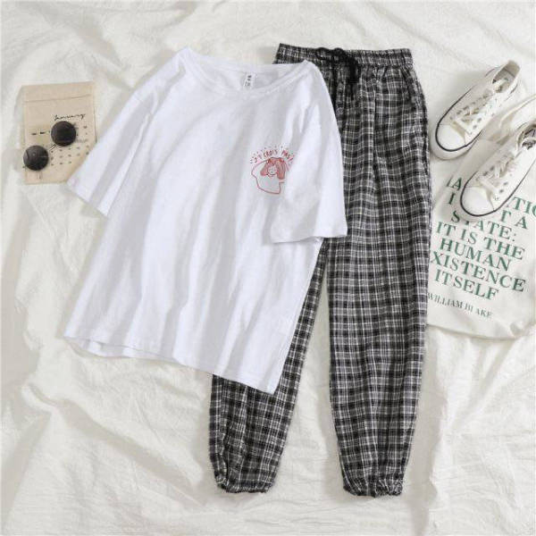 Suit spring summer wide leg pants female student suit summer short sleeve t-shirt female 9-point pants 2-piece set female