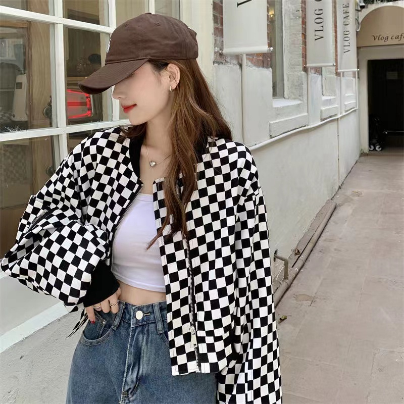 Short jacket female college style retro checkerboard students autumn 2022 new niche baseball uniform loose top