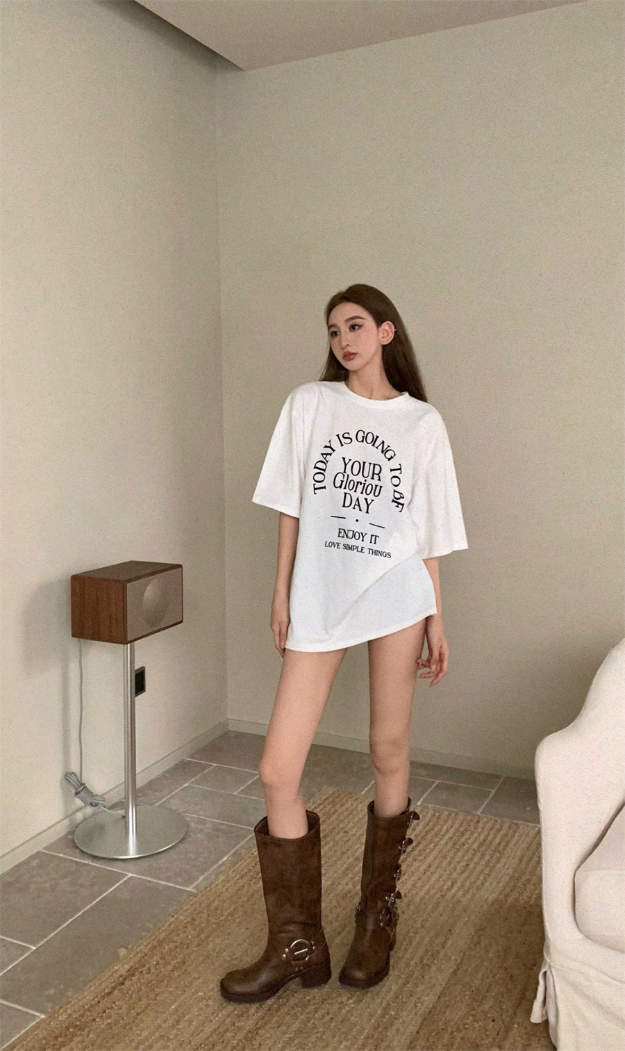 Actual shot, real price, Korean style loose and lazy letter print mid-length T-shirt
