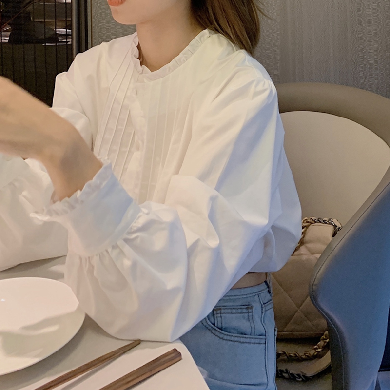 Temperament ear edge pleated white shirt women's spring and autumn new design loose bubble sleeve stand collar top