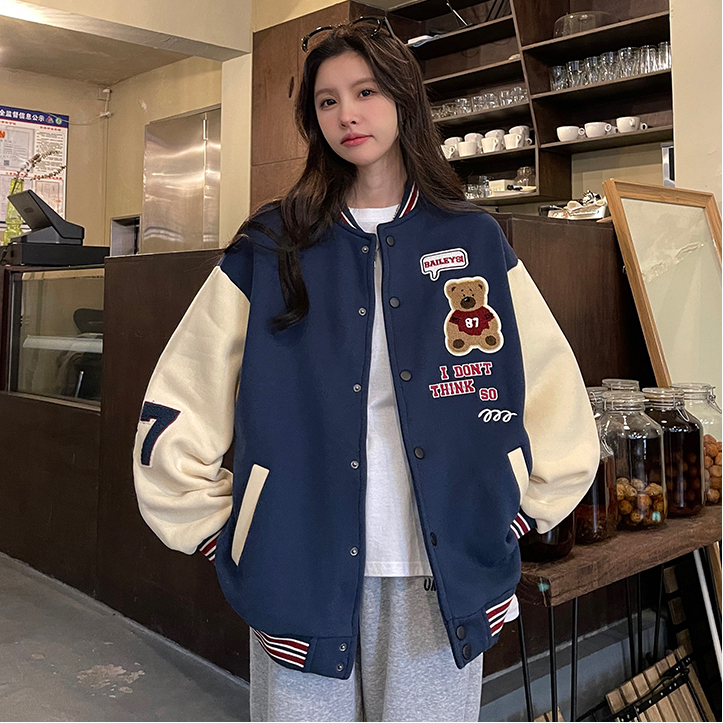 Retro bear baseball jacket women's autumn 2022 new couple models design loose long-sleeved jacket ins