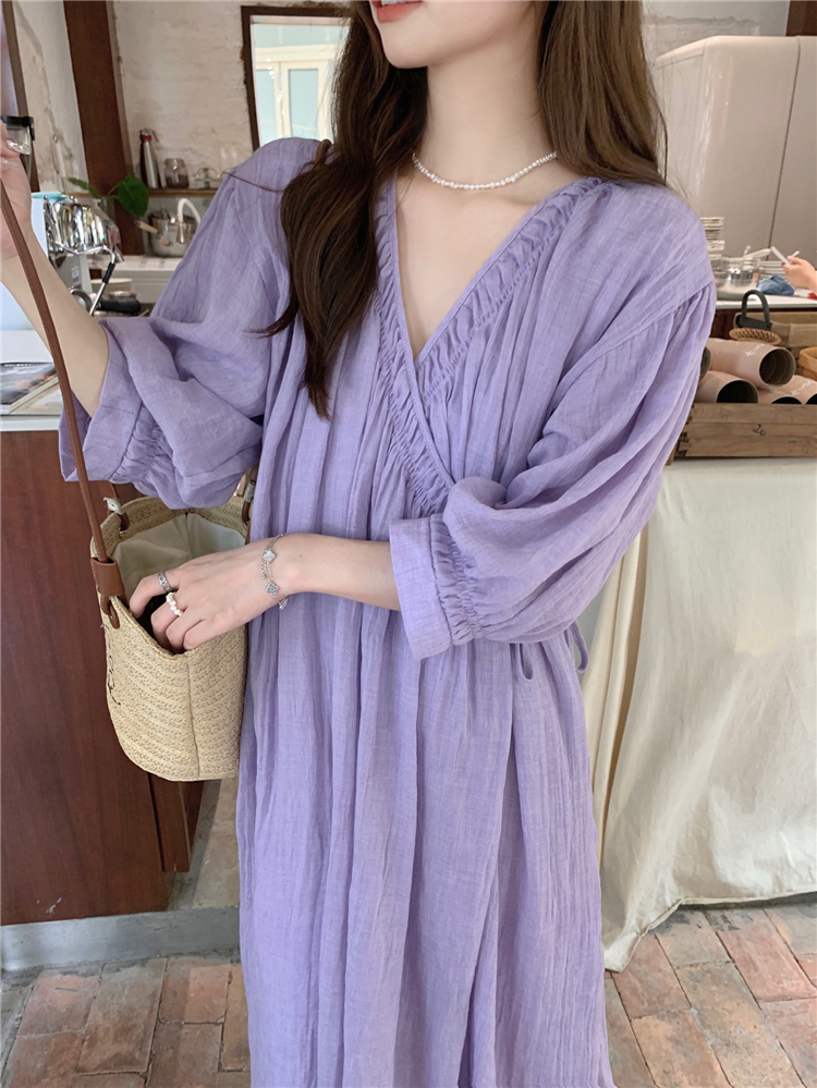 Real price!  Atmospheric loose dress women's French niche lazy side straps V-neck temperament long skirt