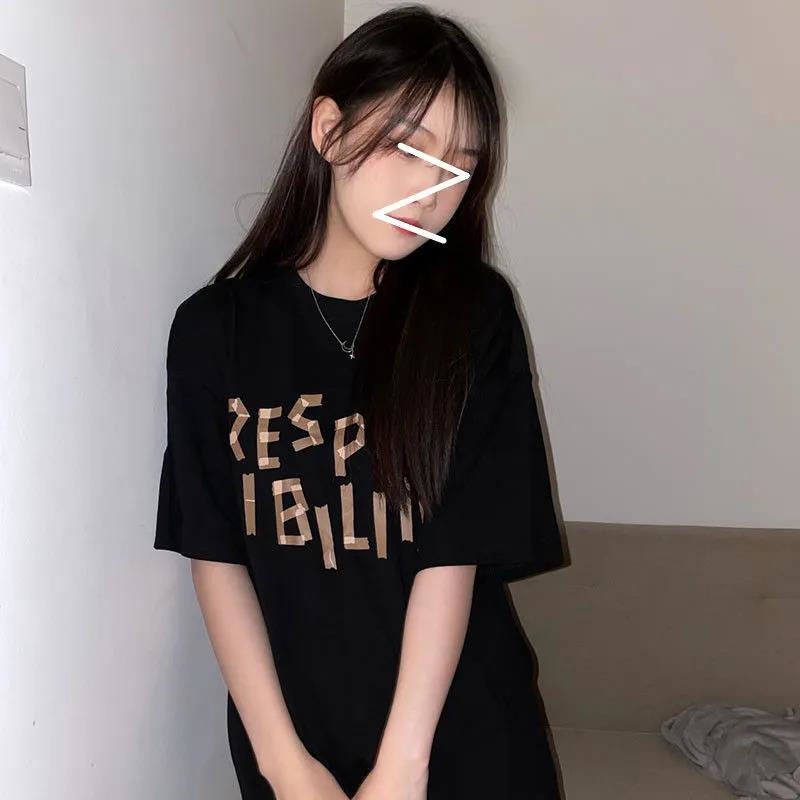 Personalized letter printed black short sleeve t-shirt female student Korean loose fashion T-shirt