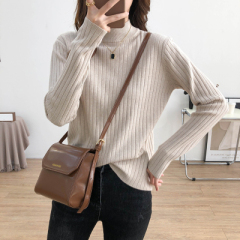 Half high neckline with open stripe sweater as base coat for women in autumn and winter with loose elastic and thin solid color versatile T-shirt