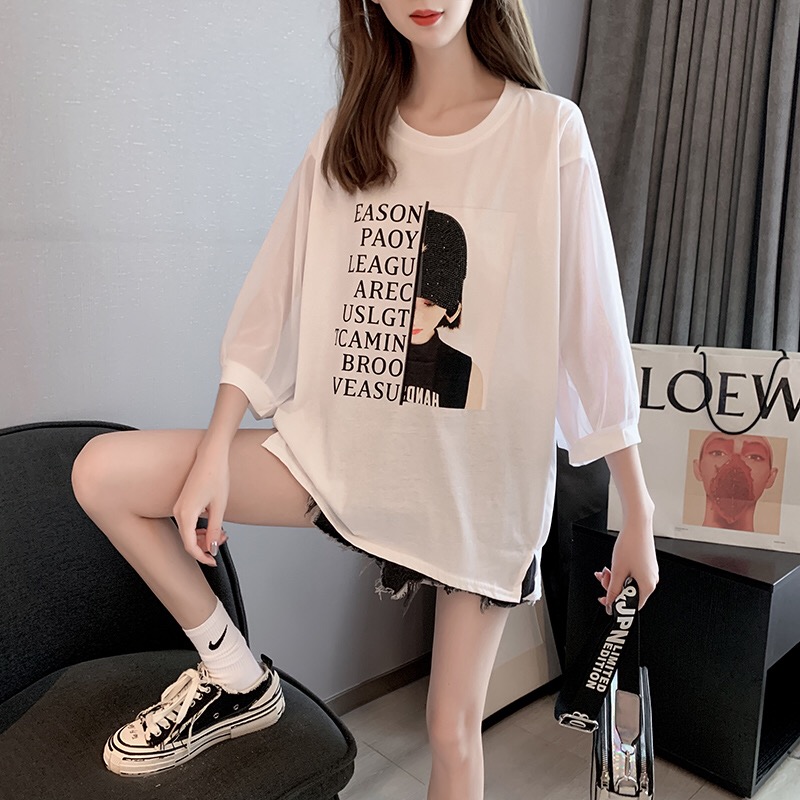 Official picture summer mid length super fire lace stitching open back round neck short sleeve T-shirt