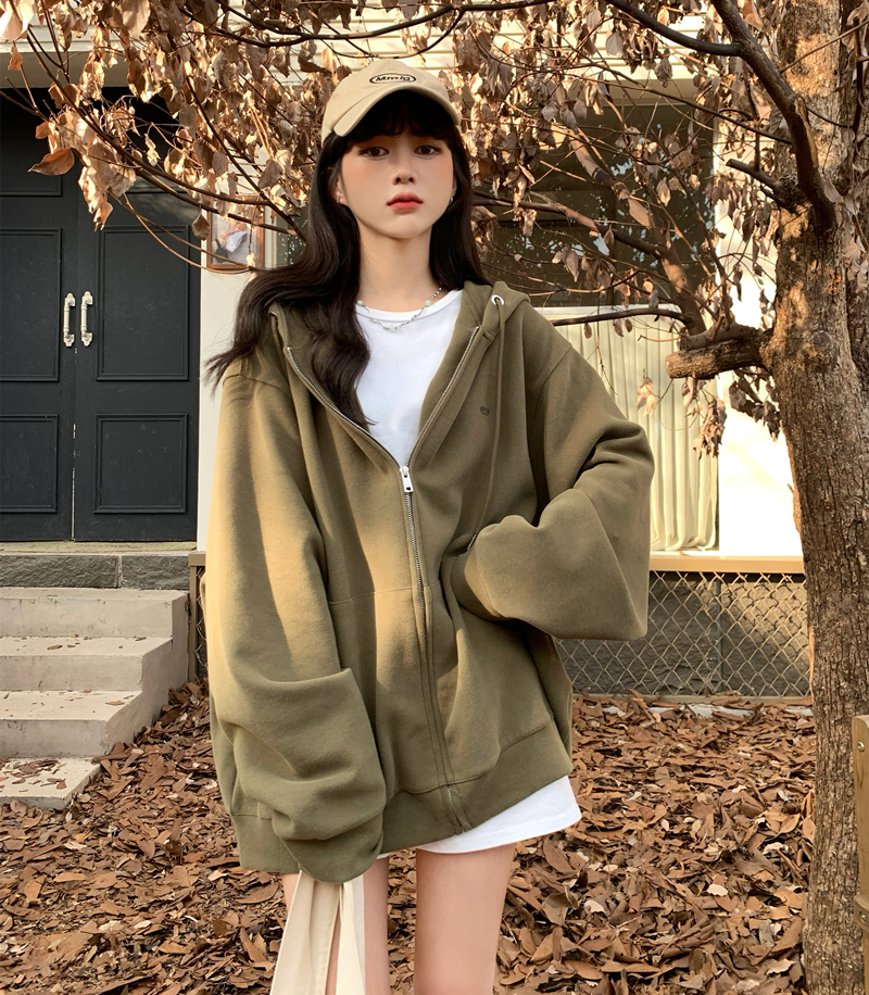 Real Price Autumn Sweater Outer Women's Korean Version Loose Lazy Wind Embroidered Letter Zipper Hooded Shirt Trendy