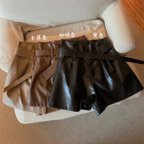 Real shooting real price pu leather shorts Hong Kong style high waist all-match casual wide-leg pants outside wear boots pants send belt