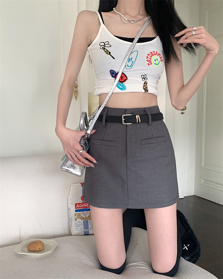 Real shot Nett price~Grey hot girl suit skirt women's new high waist straight tube thin A-line anti-light skirt