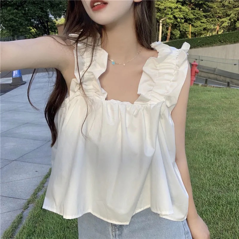 Real price new Korean design sense of care machine solid color fungus edge small suspender vest female