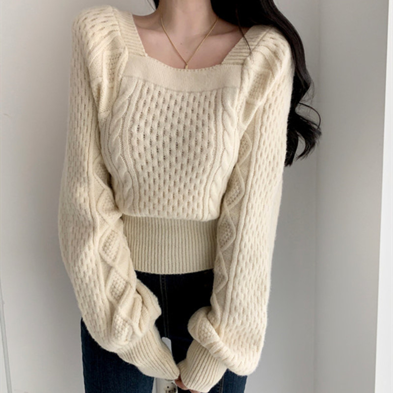 Lazy wind lantern sleeves French square collar twist sweater women's waist is thin and loose long-sleeved knitted bottoming shirt pullover