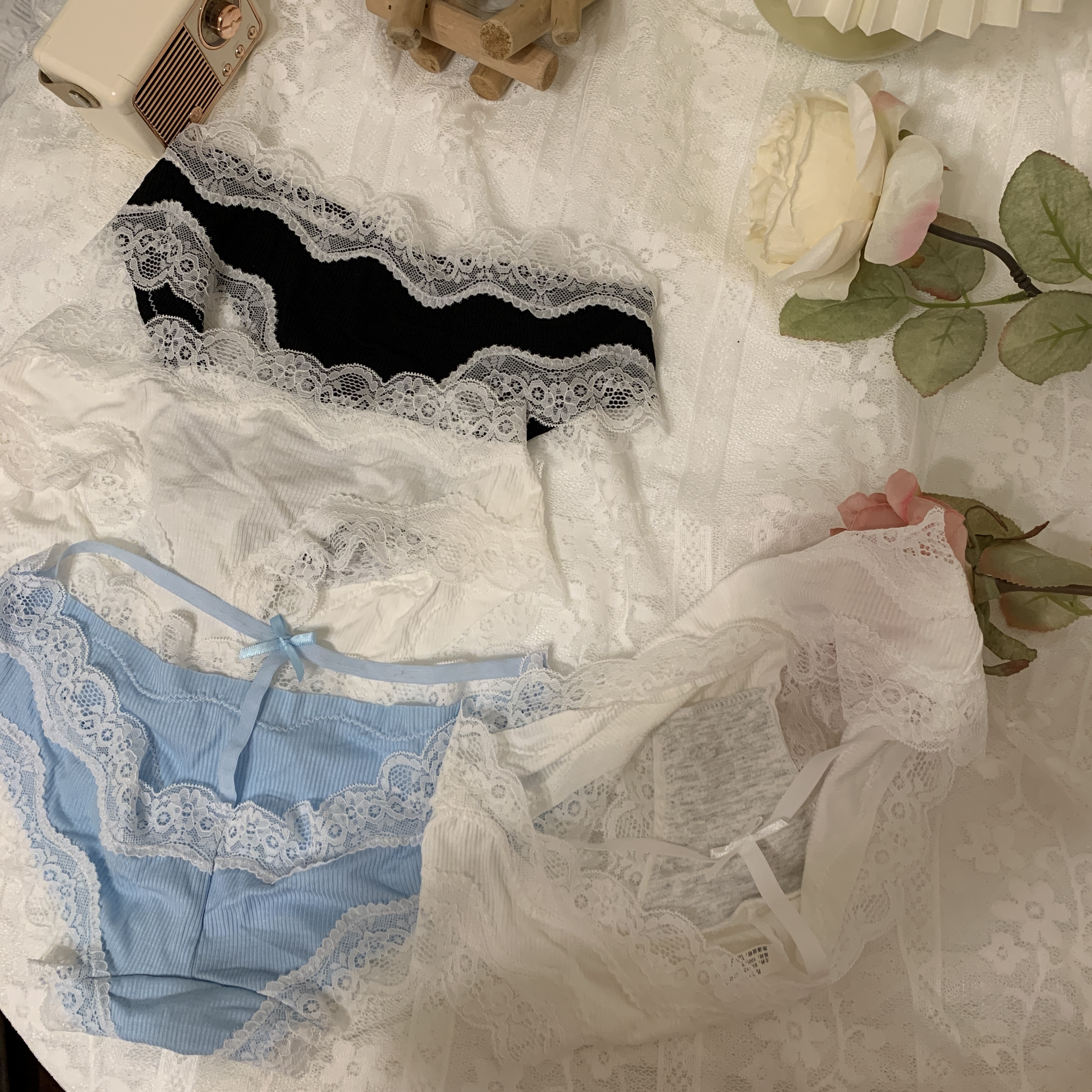 Real price lace edge pure sexy underwear bow ribbon design medium waist briefs 2 Pack