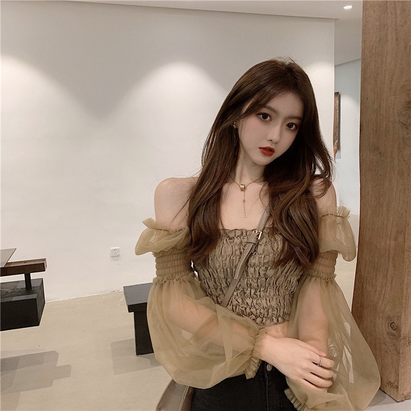 Design sense super fairy 2023 spring new Korean version of mesh stitching off-the-shoulder folds short long-sleeved shirt women's top
