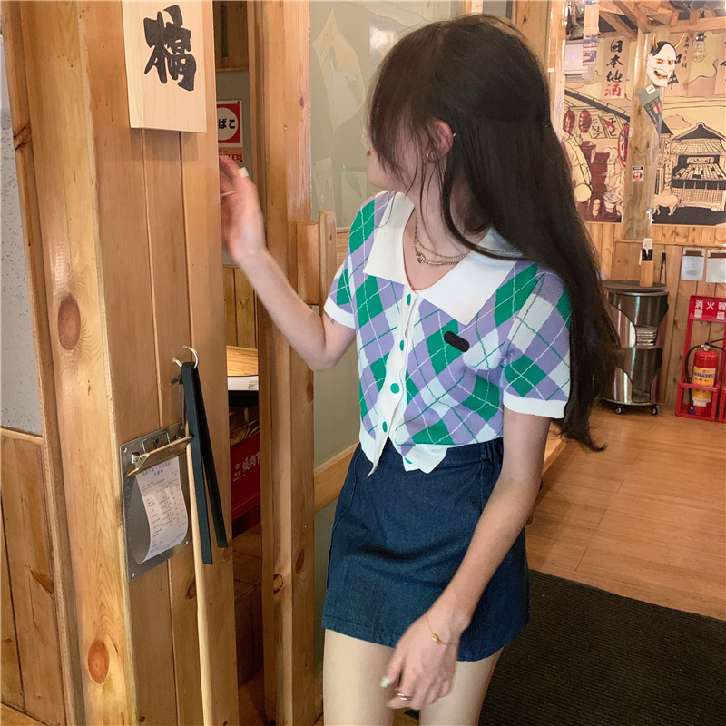 Polo rhombic Knitted Top with real price and retro lapel