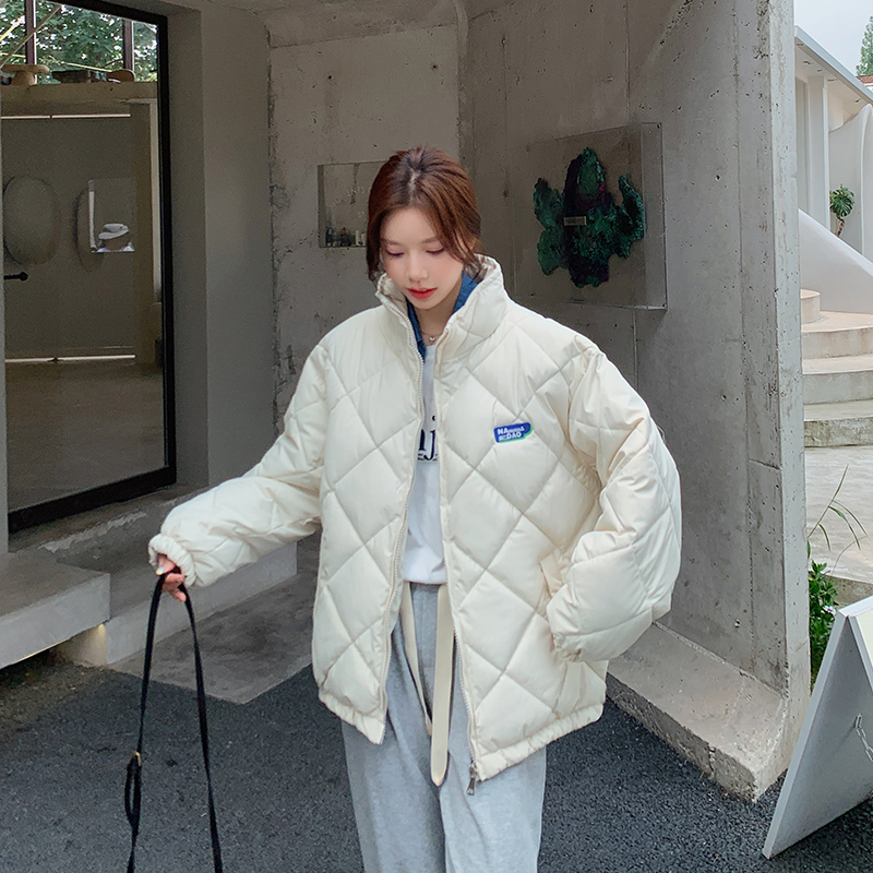 Real shot new diamond lattice lovers down jacket female loose student ins jacket cotton jacket oversize jacket