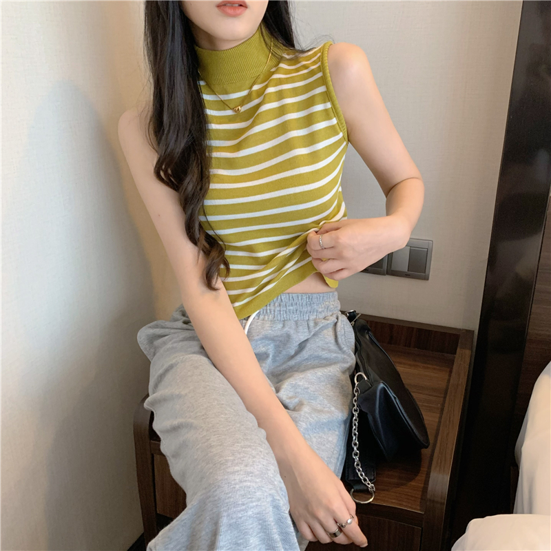 Real shot real price French round neck striped suspender vest female slim slim sleeveless outer wearing knitted bottomed Shirt Top