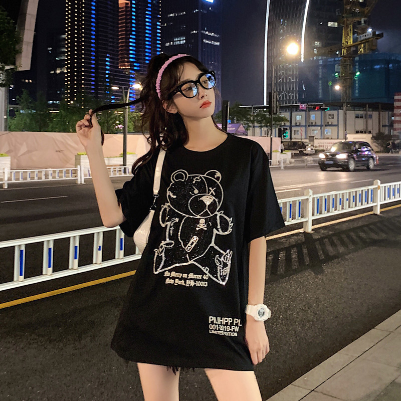 Real photo of new pure cotton net red heavy industry hot stamping bear loose European medium long half sleeve short sleeve T-shirt for women