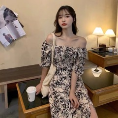 Sweet date holiday one line collar ink dyed floral skirt 2022 summer waist slim split careful machine dress