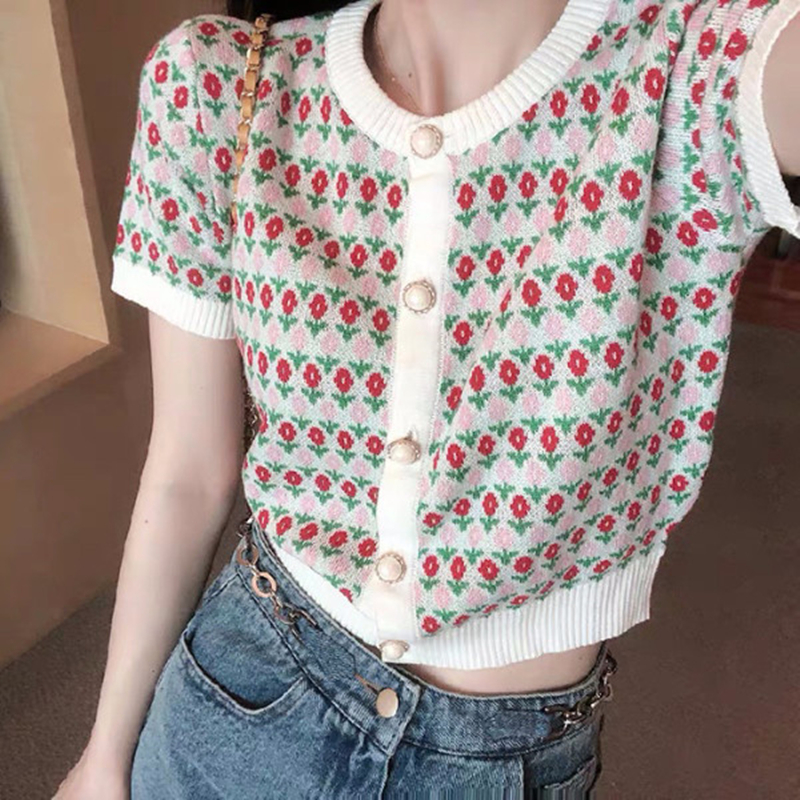 Momenthome Jenny style heavy industry jacquard short knitting top spring and summer retro pearl button short sleeve women