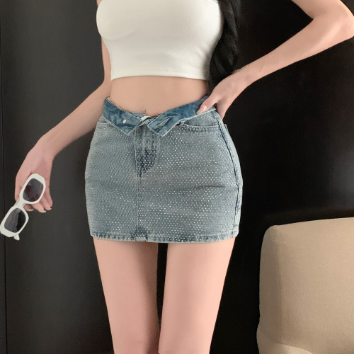 Real shot!  Fashionable sparkling diamond denim skirt for women summer hot high waist slim hip skirt short skirt trendy