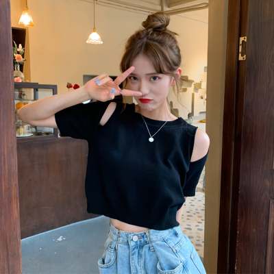 2023 new summer net red off-the-shoulder careful machine top short loose black knitted short-sleeved T-shirt female ins tide