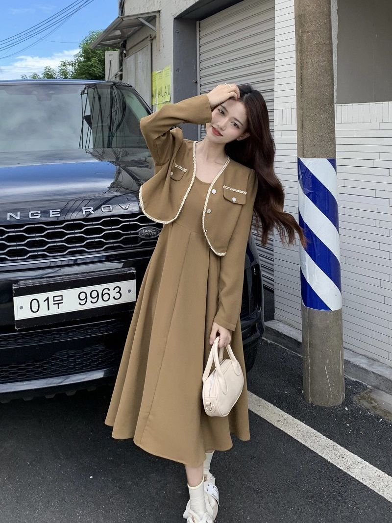 socialite temperament short long sleeve small suit coat sling dress female autumn 2022 new fashion two sets