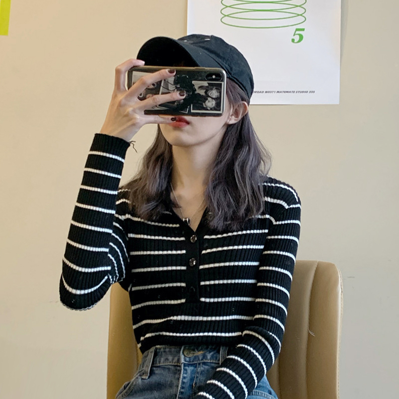 Korean style striped button knitted sweater women's bottoming outer wear slim slim knitted sweater