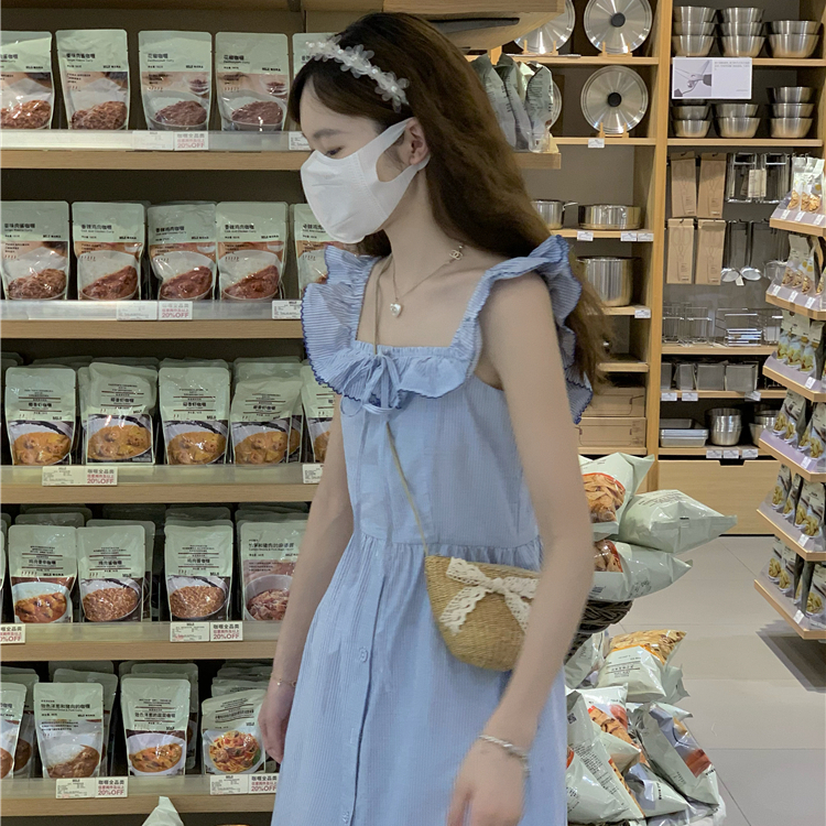 Blue Stripe Flying Sleeves Dress Women's Summer 2023 New Lace Up Square Neck Waistband Mid Length A-line Dress Fashion