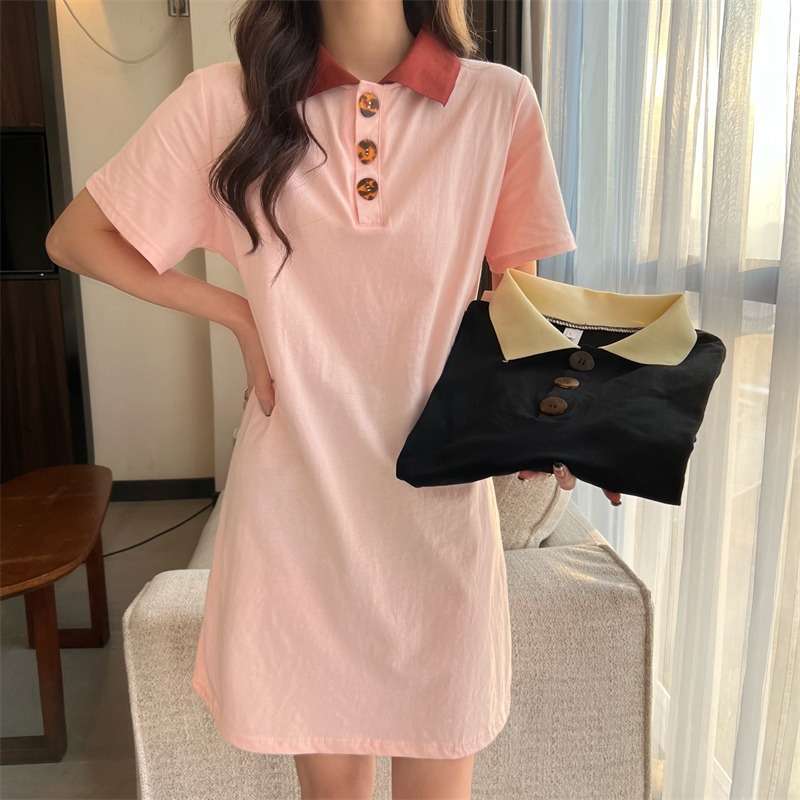 Real shot 100% cotton summer polo collar dress children's medium length T-shirt skirt versatile college polo shirt
