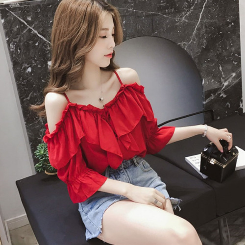 Chic women's Korean chic off shoulder sling with two shoulder collarbone top small fresh and sweet temperament small shirt